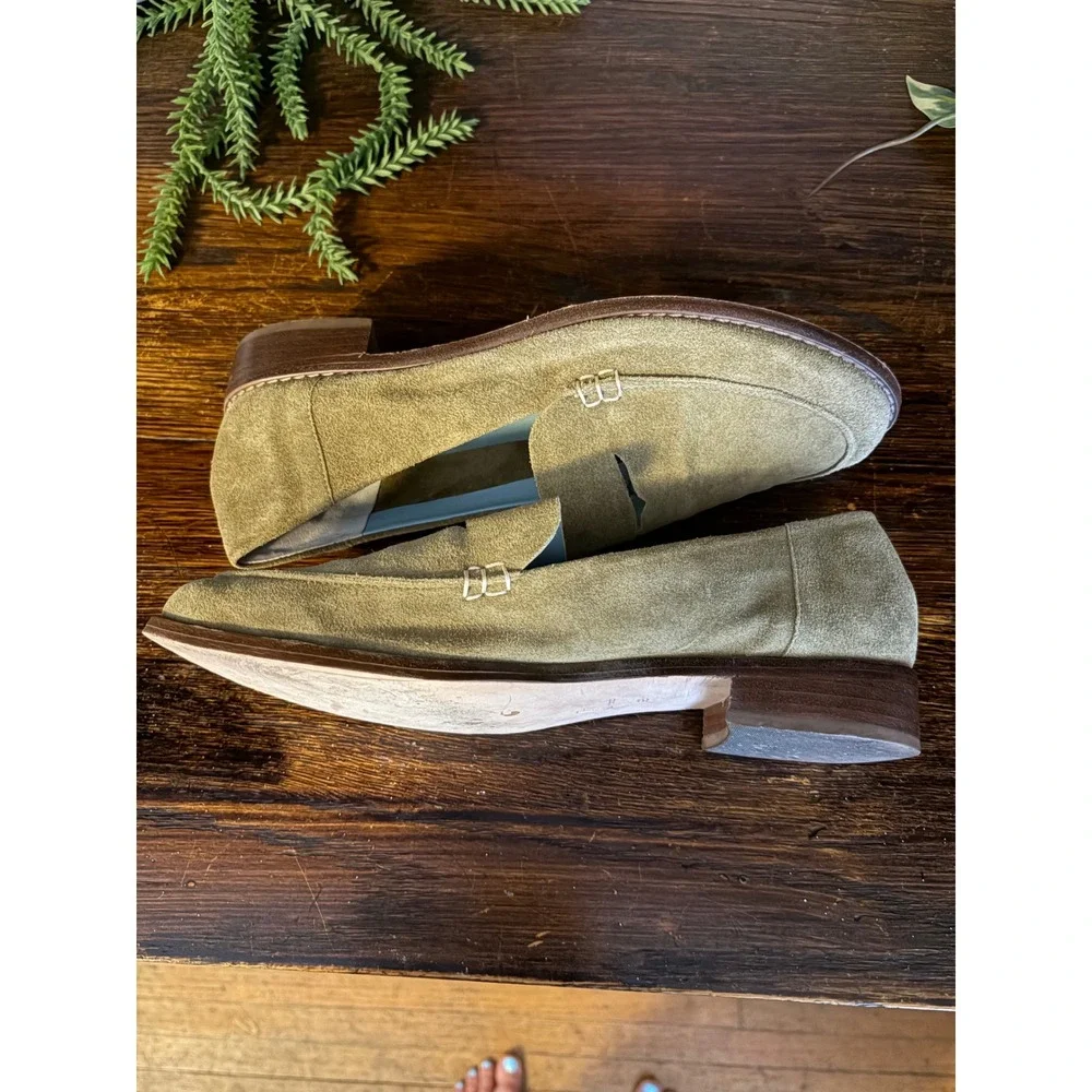 Frances Valentine Olive Green Suede Penny Loafers Shoes Womens 9B Made in Brazil